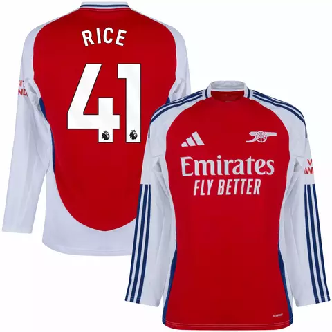 Camisa de futebol masculina do Arsenal 24/25, versão torcedor, manga longa, com frente vermelha e branca e costas com nome Rice e número 41. Camisa arsenal personalizada com nome e número do jogador rice 
