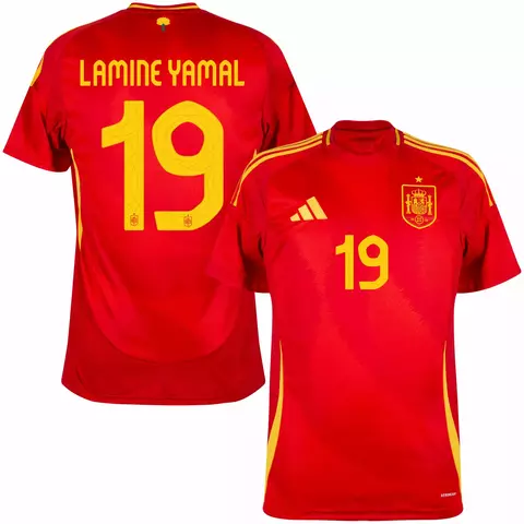 camisa seleção espanha versão torcedor cor vermelho personalizada com nome e número do jogador lamine yamal.