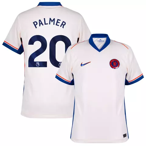 Camisa  de futebol branca Chelsea II 24/25 versão torcedor Nike masculina com detalhes em azul e laranja, frente com escudo do Chelsea e logo Nike,  personalizada nas costas com nome Palmer e número 20. camisa chelsea personalizada palmer