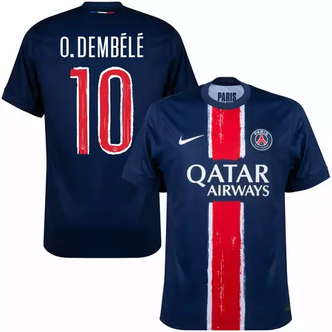 Camisa do Paris Saint Germain (PSG) com o nome e número de O. Dembélé, modelo masculino, na cor azul. camisa Paris Saint German Personalizada com nome  número do jogador Dembélé