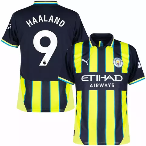 Camisa do Manchester City III 24/25, versão torcedor, na cor verde, com o nome e número de Haaland. Camisa manchester city personalizada com nome e número do jogador haaland
