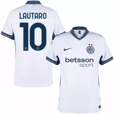 Camisa masculina da Inter de Milão II 24/25, branca, com o nome Lautaro e número 10 nas costas. camisa inter de milão personalizada com nome e número do jogador lautaro 
