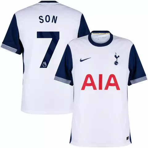 Camisa de futebol Tottenham I 24/25 versão torcedor cor branca com mangas azul. camisa de time tottenham temporada 2025 personalizada com nome e número do jogador son.