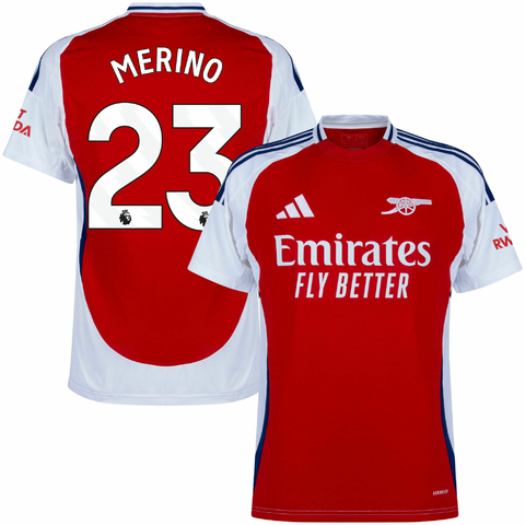 Camisa arsenal I 24/25 na cor vermelha, personalizada com nome e número do jogador merino. camisa do time arsenal personalizada