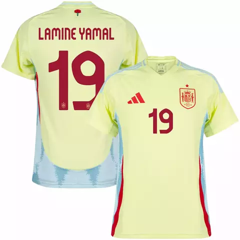 camisa de futebol espanha II 24/25 versão torcedor cor amarelo, camisa seleção espanha personalizada com nome e número do jogador lamine yamal. camisa espanha lamine yamal.