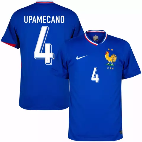 camisa de futebol frança I 24/25 versão torcedor cor azul, camisa seleção frança personalizada com nome e número do jogador upamecano. camisa frança upamecano.