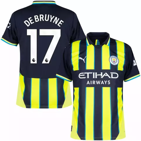 Camisa do Manchester City III 24/25 com o nome De Bruyne e o número 17, em cores verde e azul. camisa manchester city personalizada com nome e número do jogador de bruyne