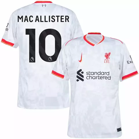 Camisa branca do Liverpool II 24/25, versão torcedor Nike, com o nome Mac Allister e o número 10 nas costas. camisa liverpool personalizada com nome e número do jogador mac allister