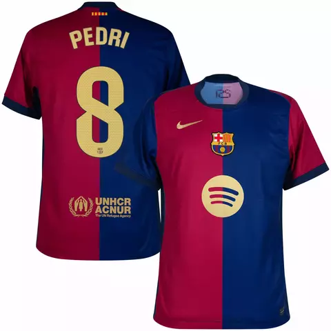 Camisa do Barcelona I 23/24, modelo torcedor, com número 8 e nome Pedri nas costas, nas cores azul e grená. camisa barcelona personalizada com nome e número do jogador pedri.