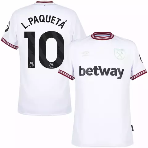 camisa de time west ham cor branca personalizada com nome  e número do jogador lucas paquetá, 