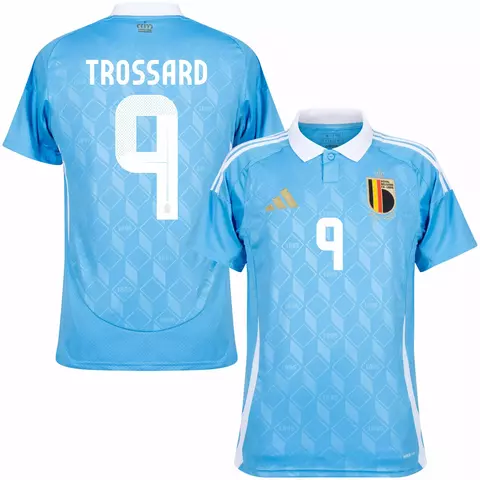 camisa versão torcedor bélgica II cor azul celeste personalizada com nome e número do jogador trossard.