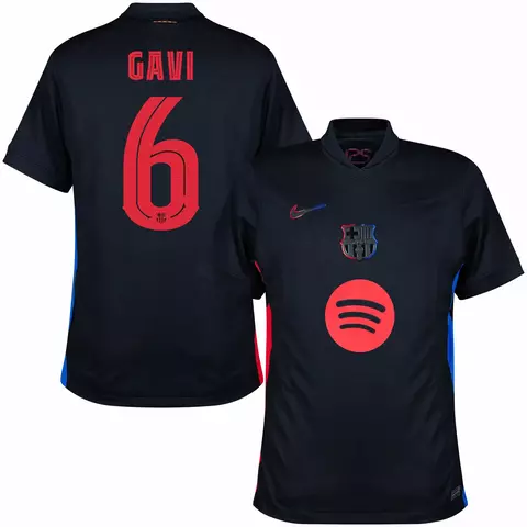 Camisa preta do Barcelona III 23/24 com o nome "Gavi" e o número 6 nas costas, destacando o escudo do clube e o logotipo do Spotify na frente. camisa barcelona preta personalizada com nome e número do jogador gavi