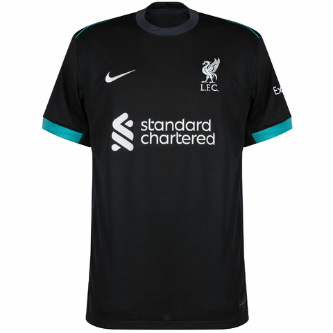 Camisa de futebol liverpool I 24/25 versão torcedor cor preto, camisa liverpool cor preto com detalhes azuis nas mangas.