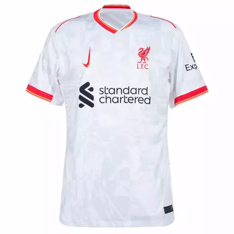Camisa branca do Liverpool II 24/25, versão torcedor da Nike, com detalhes em vermelho e logo do time. camisa liverpool branca temporada 24/25