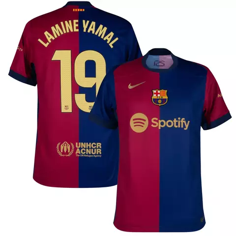 camisa barcelona I 24/25 versão torcedor cor azul com vermelho personalizada com nome e número do jogador lamine yamal