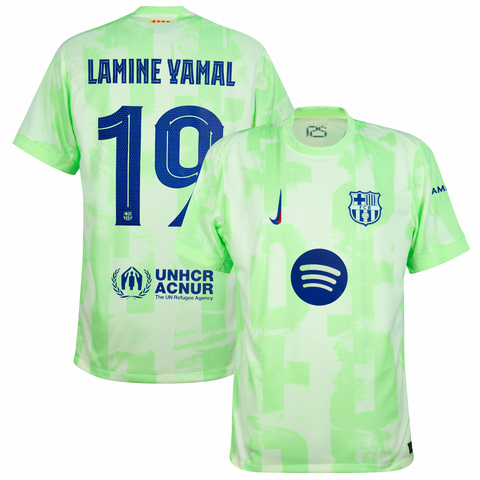 Camisa de futebol do Barcelona, versão torcedor, verde claro, com o nome "Lamine Yamal" e o número 19 nas costas. Camisa barcelona personalizada com nome e número do jogador lamine yamal.