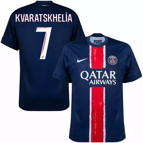 Camisa do Paris Saint Germain na cor azul, com detalhes em vermelho e branco, apresentando o nome KVARATSKHELIA e o número 7 nas costas.