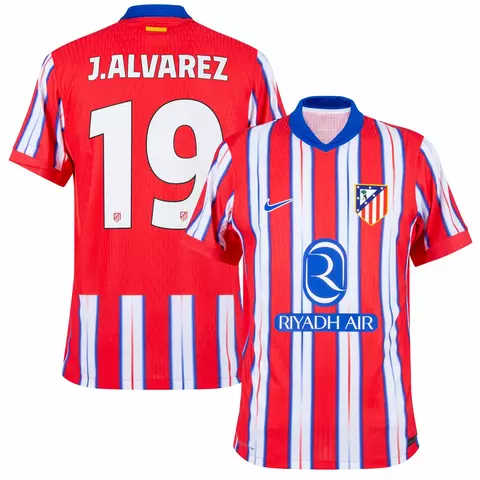 Camisa vermelha do Atlético de Madrid com listras horizontais e número 19 nas costas, versão torcedor da Nike. Camisa Julian Alvarez atlético de madrid