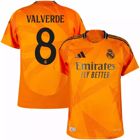 Camisa laranja do Real Madrid II 24/25, com nome e número 8 nas costas . camisa real madrid laranja personalizada com nome e número do jogador valverde