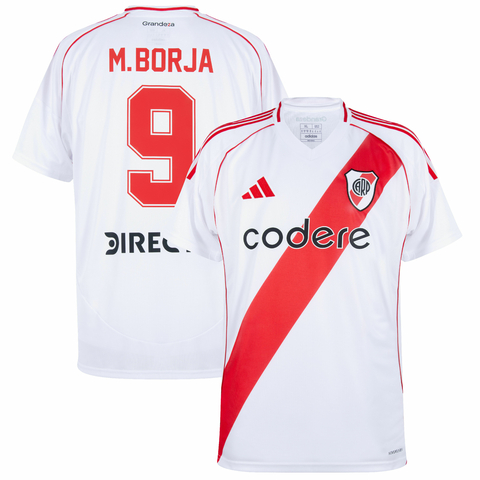 Camisa do River Plate I 24/25, versão torcedor, branca com detalhes em vermelho e o número 9 nas costas. camisa river plate personalizada com nome  e número do jogador borja