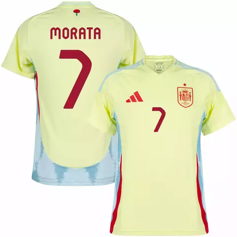 camisa de futebol espanha II 24/25 versão torcedor cor amarelo, camisa seleção espanha personalizada com nome e número do jogador morata. camisa espanha morata.