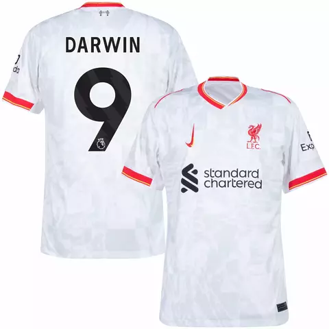Camisa branca do Liverpool II 24/25, versão torcedor Nike, com o nome "Darwin" e o número 9 nas costas. camisa liverpool personalizada com nome e número do jogador darwin