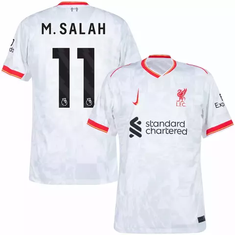 Camisa Liverpool II 24/25 na versão torcedor, branca, com o nome M. Salah e número 11 nas costas, detalhes em vermelho e logotipo da Nike. camisa liverpool personalizada com nome e número do jogador m. salah