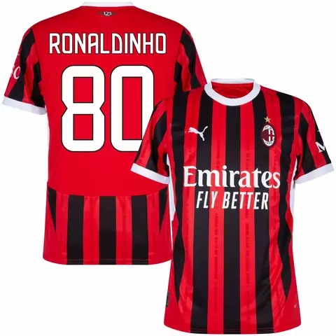 Camisa do Milan I 25/25 com o nome Ronaldinho e número 80, em cores preto e vermelho, versão torcedor. camisa milan personalizada com nome e número do jogador ronaldinho gaúcho
