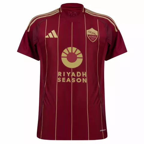 Camisa de futebol masculina da Roma na cor vermelha, com detalhes em dourado e logo do time. camisa roma 24/25