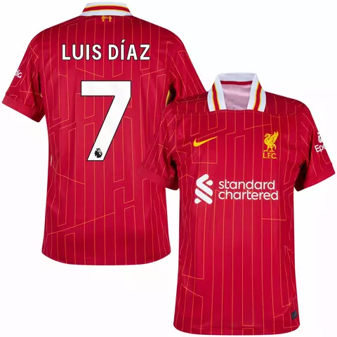 camisa de futebol liverpool I 2425 versão torcedor vermelha. camisa liverpool personalizada com nome e número do jogador luis diaz