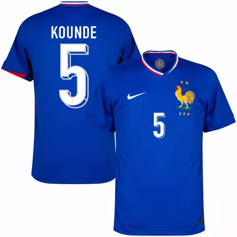 camisa de futebol frança I 24/25 versão torcedor azul, camisa da seleção da frança personalizada com nome e número do jogador kounde. camisa frança kounde
