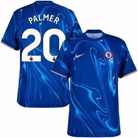 Camisa Chelsea I 23/24, versão torcedor Nike masculina, cor azul, com o nome "PALMER" e o número 20 nas costas. Camisa chelsea personalizada com nome e número do jogador palmer