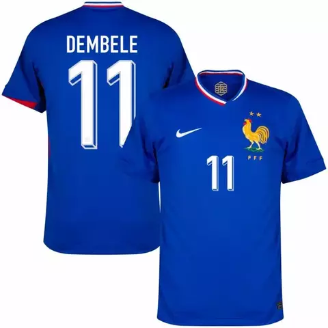 camisa de futebol frança I 24/25 versão torcedor cor azul, camisa da seleção da frança personalizada com nome e número do jogador dembele, camisa frança dembele.