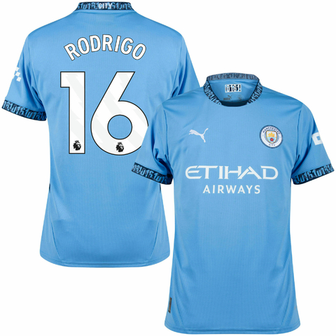 Camisa Manchester City I 25/26 versão torcedor personalizada com nome e número do jogador Rodrigo. Camisa de futebol manchester city rodrigo