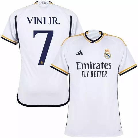 camisa de time real madrid I 23/24 versão torcedor personalizada com nome e número do jogador vini jr.