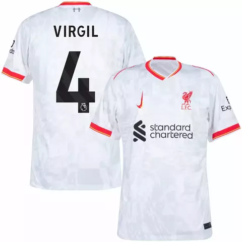 camisa de futebol liverpool II 24/25 versão torcedor cor branco personalizada com nome e número do jogador e zagueiro virgil van djik número 4