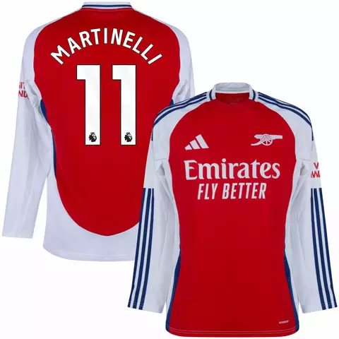 Camisa Manga longa do Arsenal, versão torcedor, com o nome "Martinelli" e o número 11 nas costas, destacando o logotipo da Emirates na frente. Camisa arsenal manga longa personalizada com nome e número do joagdor martinelli