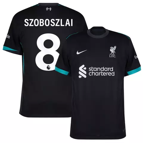 camisa de futebol liverpool III 24/25 versão torcedor cor preto personalizada com nome e número do jogador szoboszlai.