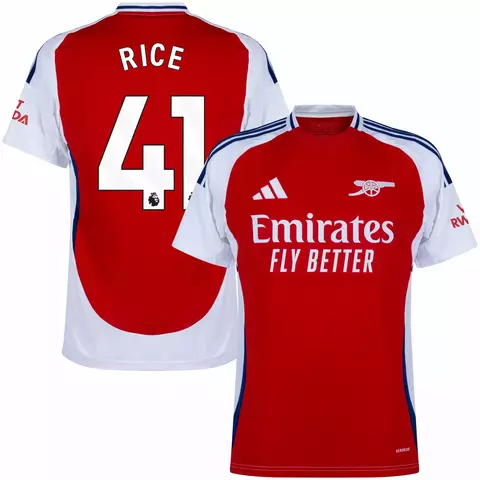 Camisa do Arsenal temporada 24/25, versão torcedor masculina na cor vermelha com detalhes em branco e azul, com nome Rice e número 41 nas costas. Camisa arsenal personalizada com nome e número do jogador rice.