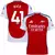 Camisa do Arsenal temporada 24/25, versão torcedor masculina na cor vermelha com detalhes em branco e azul, com nome Rice e número 41 nas costas. Camisa arsenal personalizada com nome e número do jogador rice.
