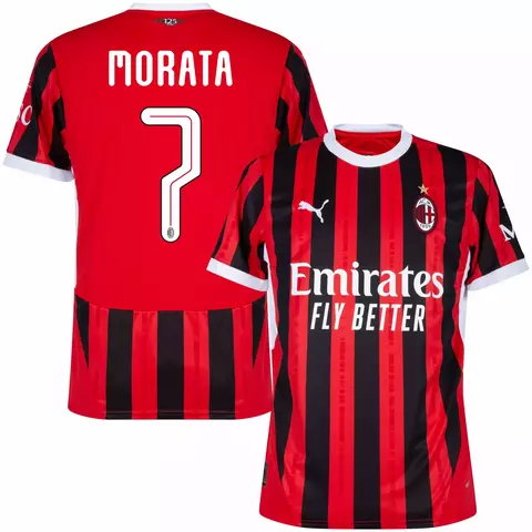 Camisa do Milan I 25/25 versão torcedor nas cores preto e vermelho, com o nome Morata e o número 7 na parte de trás.  camisa milan personalizada com nome e número do  jogador morata.