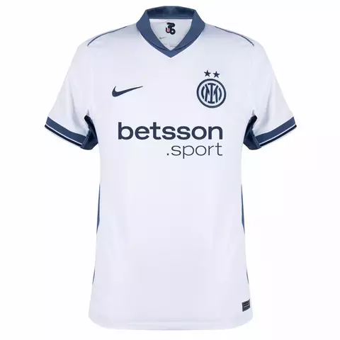 Camisa branca do Inter de Milão II 24/25, versão torcedor da Nike, com detalhes em azul e logotipo do clube.