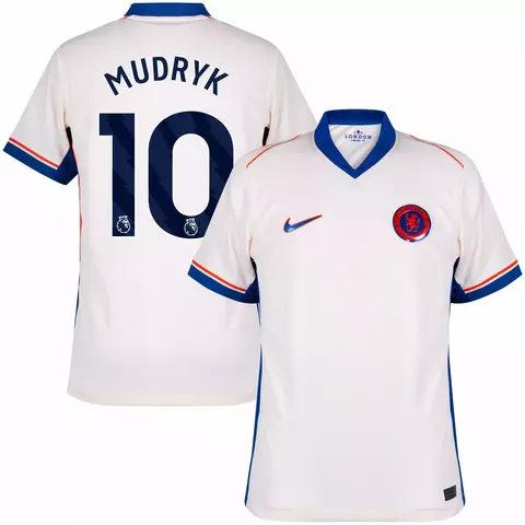 Camisa de futebol Chelsea II 24/25 branca com detalhes em azul e laranja, frente com logo Nike e escudo do Chelsea, personalizada costas com nome Mudryk e número 10.