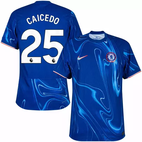 Camisa de futebol  Chelsea I 24/25 na cor azul, versão torcedor,  personalizada com o nome "Caicedo" e número 25 nas costas.