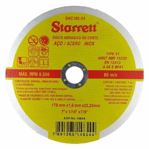 DISCO DE CORTE ACO INOX 7"X7/8"X1,6MM STARRET