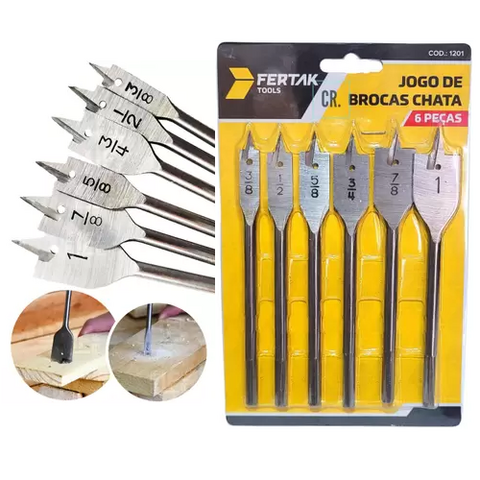 JOGO DE BROCA CHATA PARA MADEIRA COM 6 PEÇAS FERTAK TOOLS