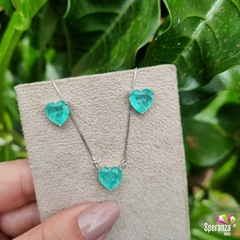 CONJUNTO CORAÇÃO 10MM COR PARAIBA FUSION