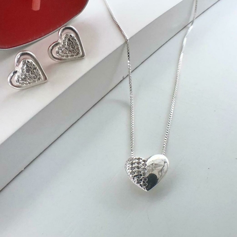Conjunto Coração Cravejado Micro Zircônia Cristal