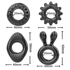 Anéis penianos p/ Pênis e Escroto em Silicone Super Macio e Flexível - Kit c/ 4 unidades