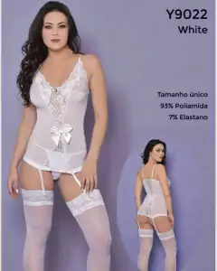 Macacão rendado sem manga, com biju e laços de cetim - Branco - YAFFA Lingerie